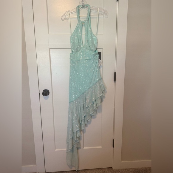 Ieena for Mac Duggal A11274 Elegant Aqua Halter Dress - Picture 4 of 11